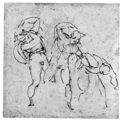 3つの図の研究、c.1517-20（オフホワイトの紙のリードポイント上のペンと茶色のインク）